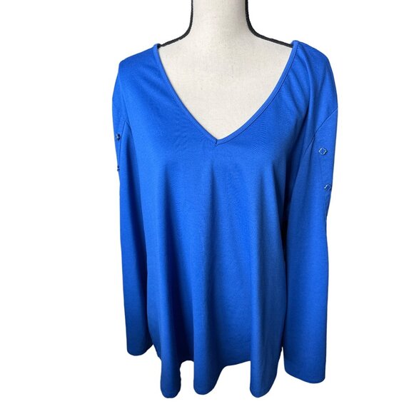 Melissa Paige Blouse Blue Bell Split Charm Sleeves V Neck Pullover 3X - Picture 3 of 7